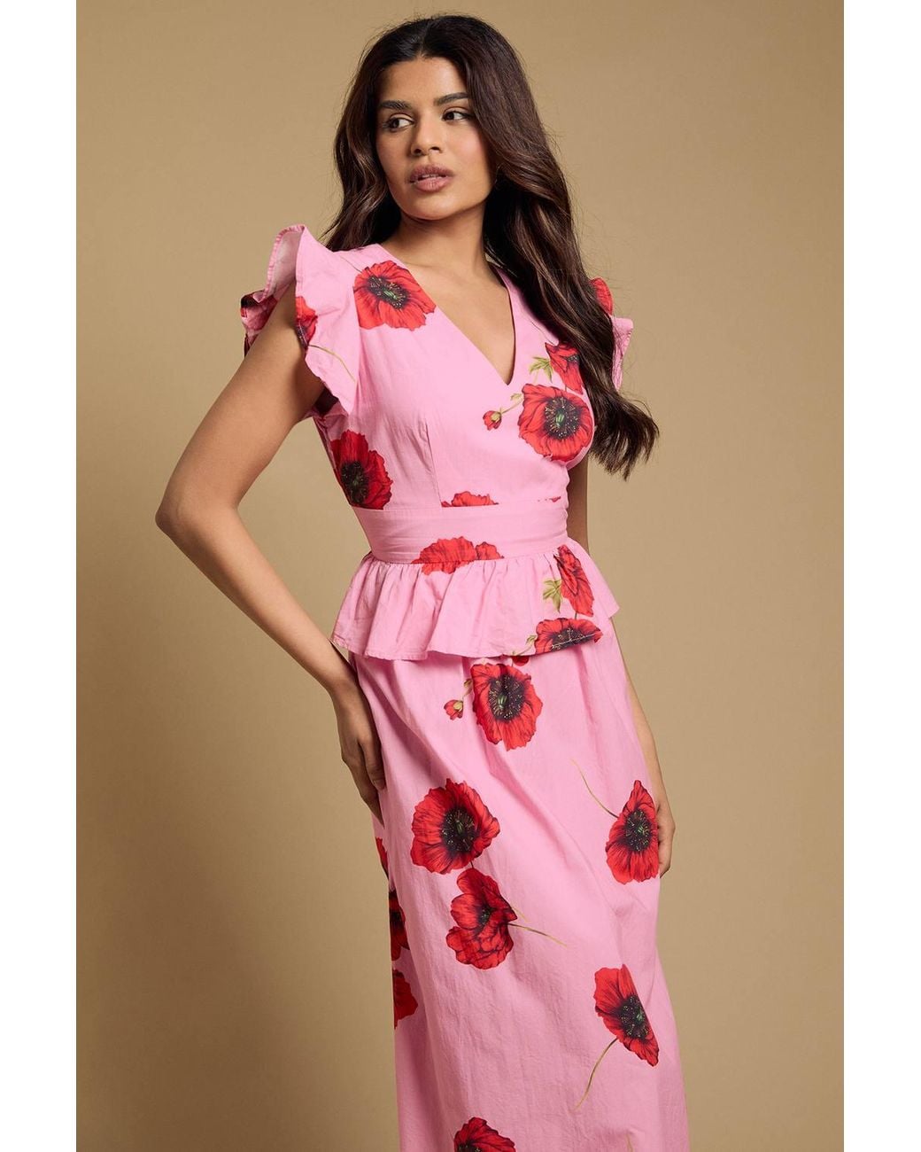 Dorothy Perkins Pink Petite Dp Luxe Peplum Frill Detail V Neck Printed Maxi Dress