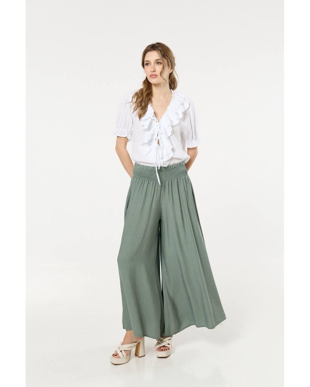 Liquorish White Smocked Wide Leg Trousers