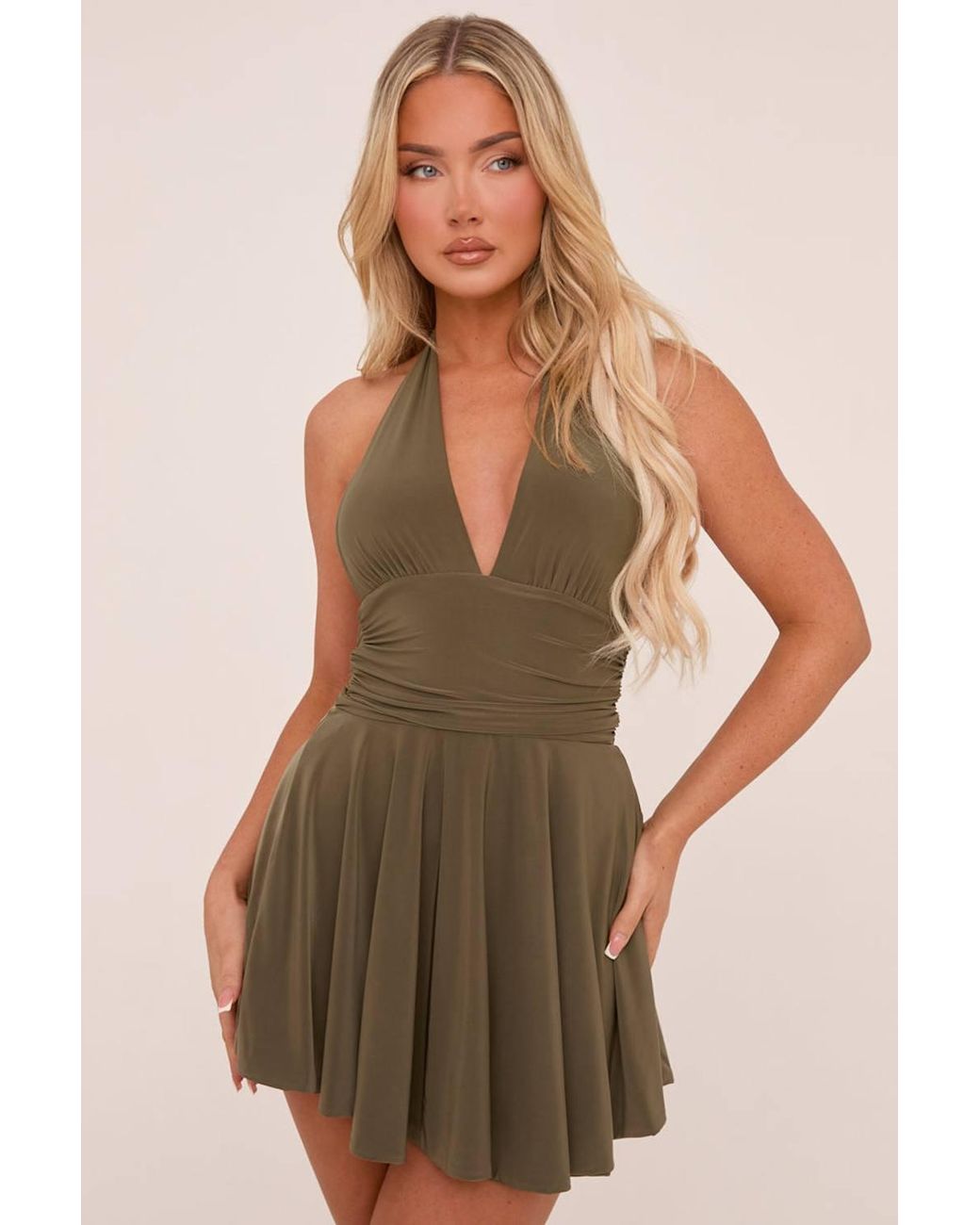 Rebellious Fashion Green Pippa Halter Plunge Neck Mini Dress