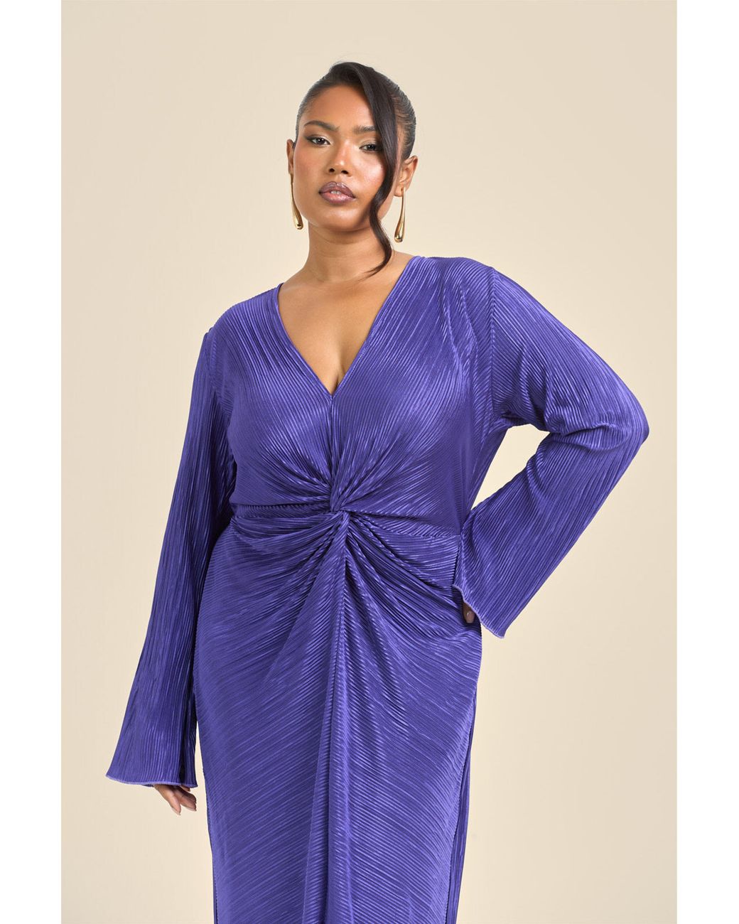 FASHION-SZN Blue Curve Twist Front Flare Sleeve Plisse Midaxi Dress