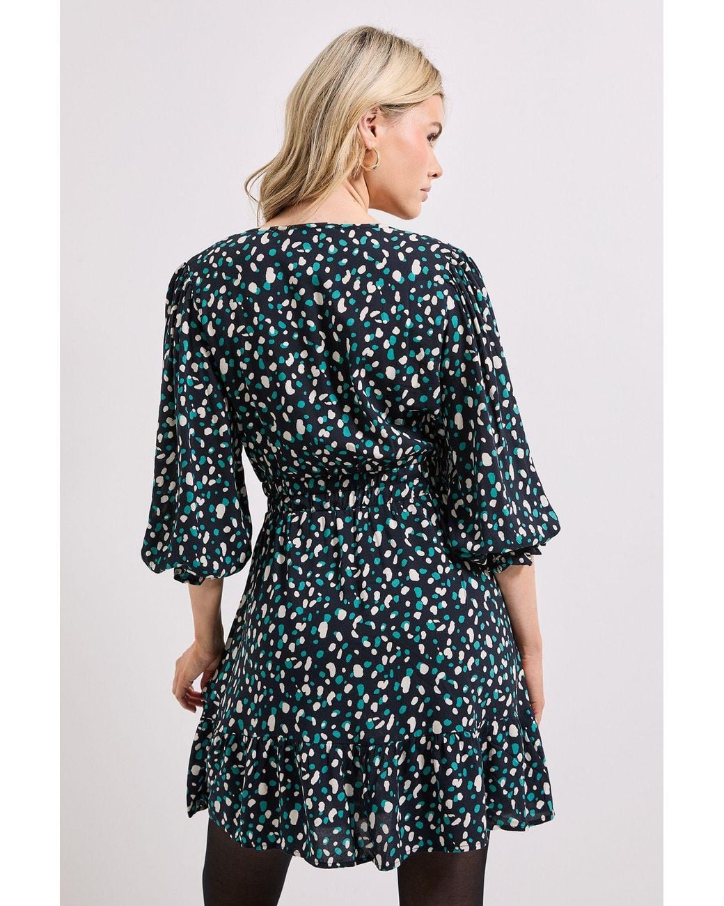 Dorothy Perkins Blue Abstract Wrap Front Blouson Sleeve Mini Dress