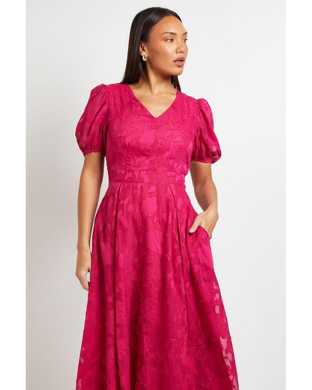 PRINCIPLES Pink Floral Jacquard Puff Sleeve Midi Dress