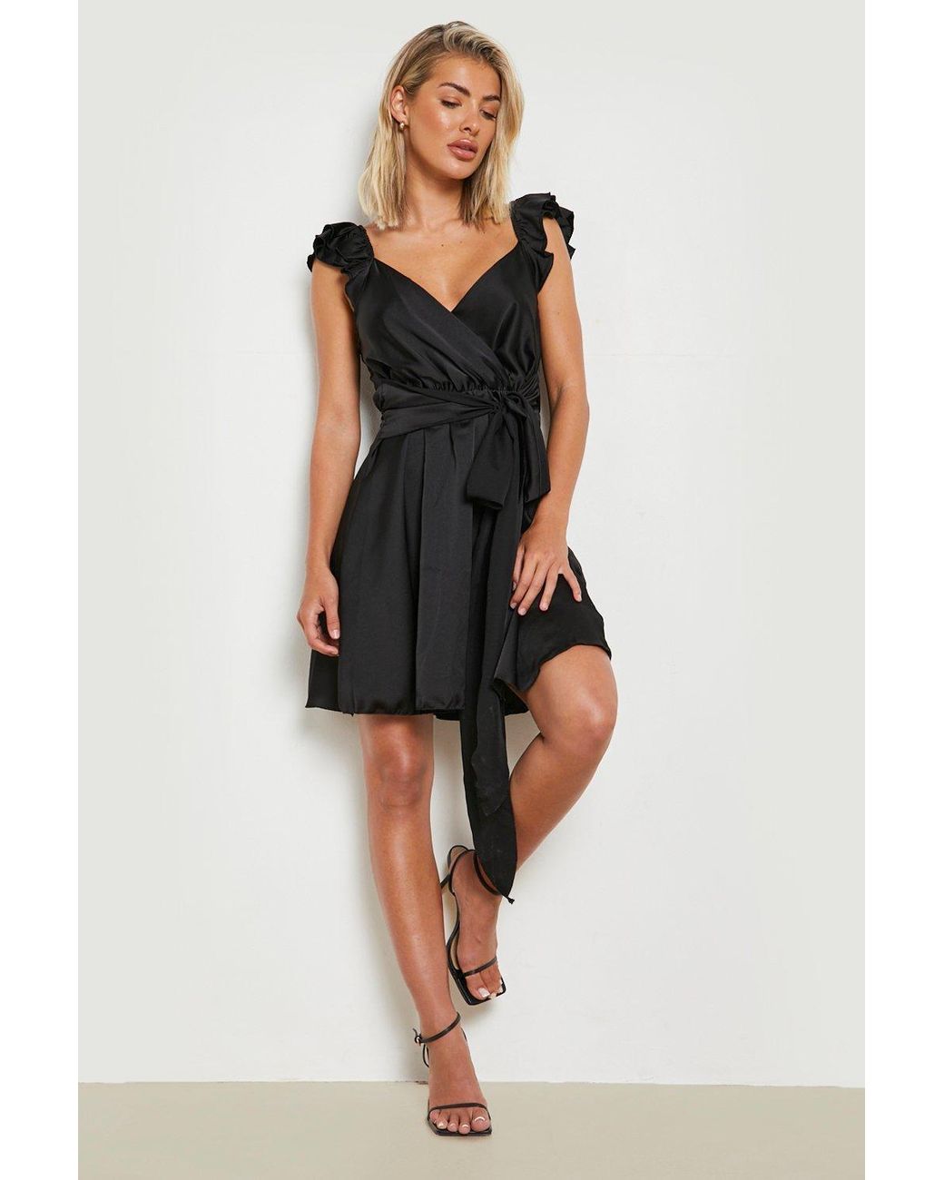 Satin Ruffle Wrap Detail Skater Dress