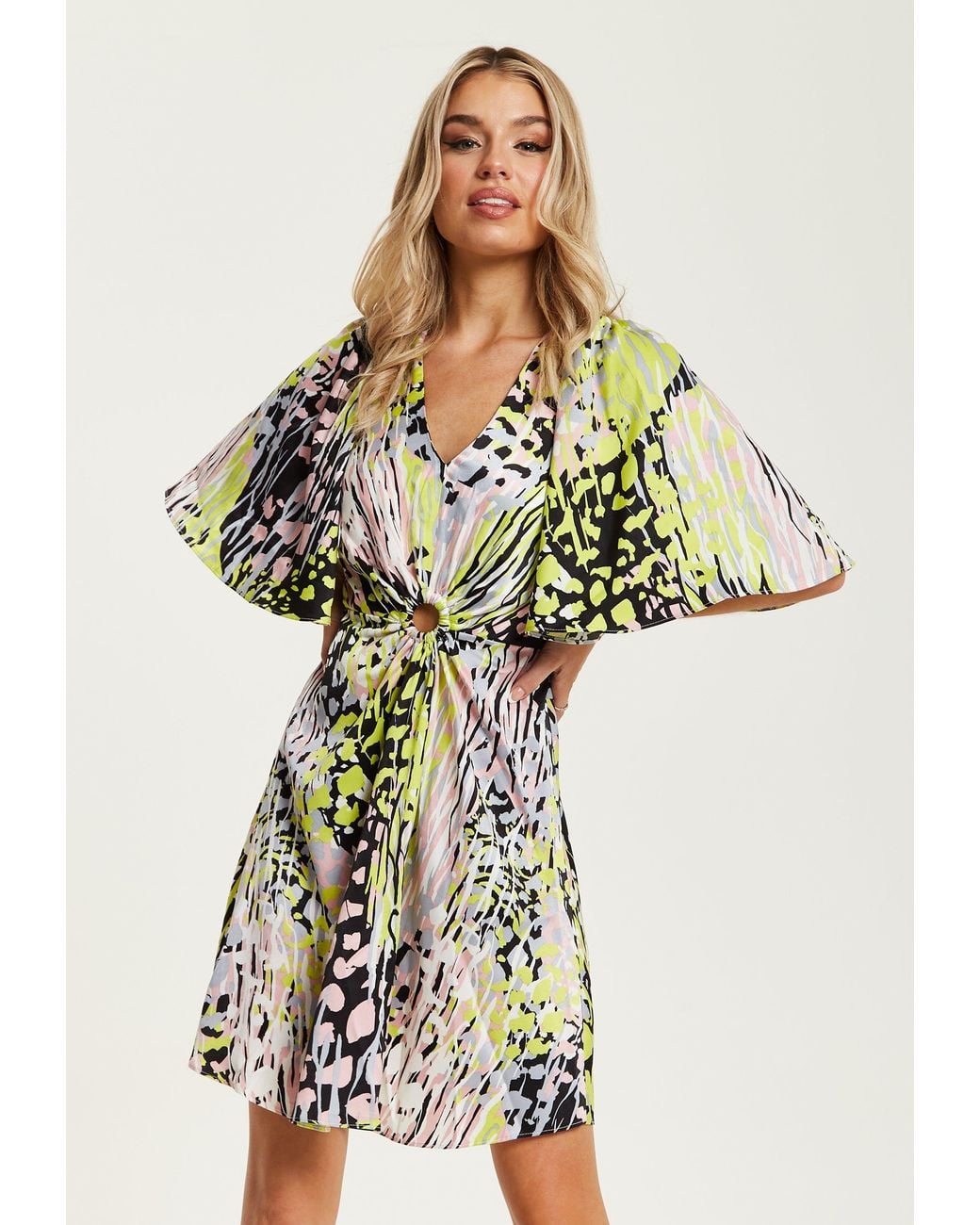 Liquorish White Multicolour Abstract Print Mini Dress With Cut Out Front