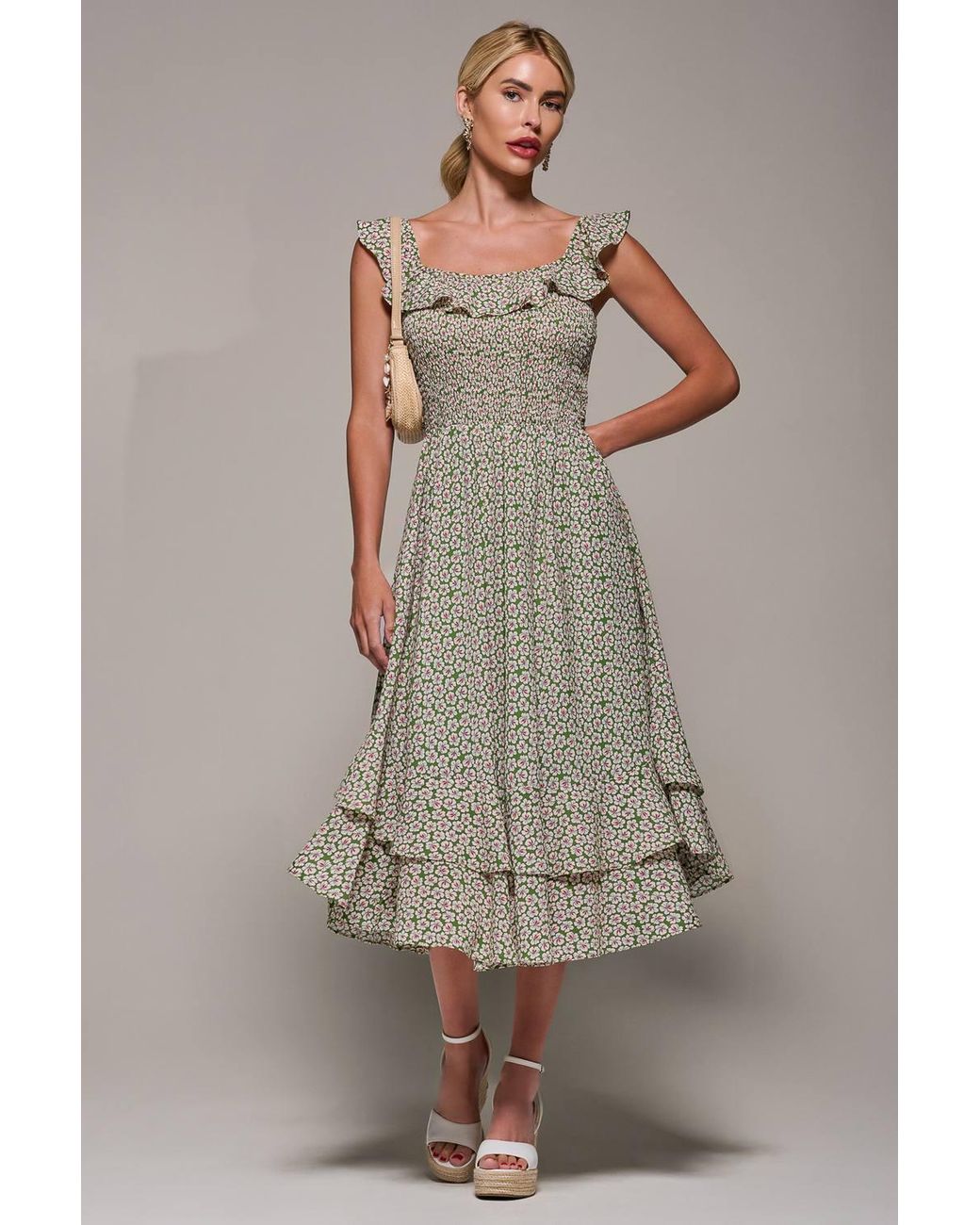 Jolie Moi Natural Shirred Ruffle Sleeve Tiered Midi Dress