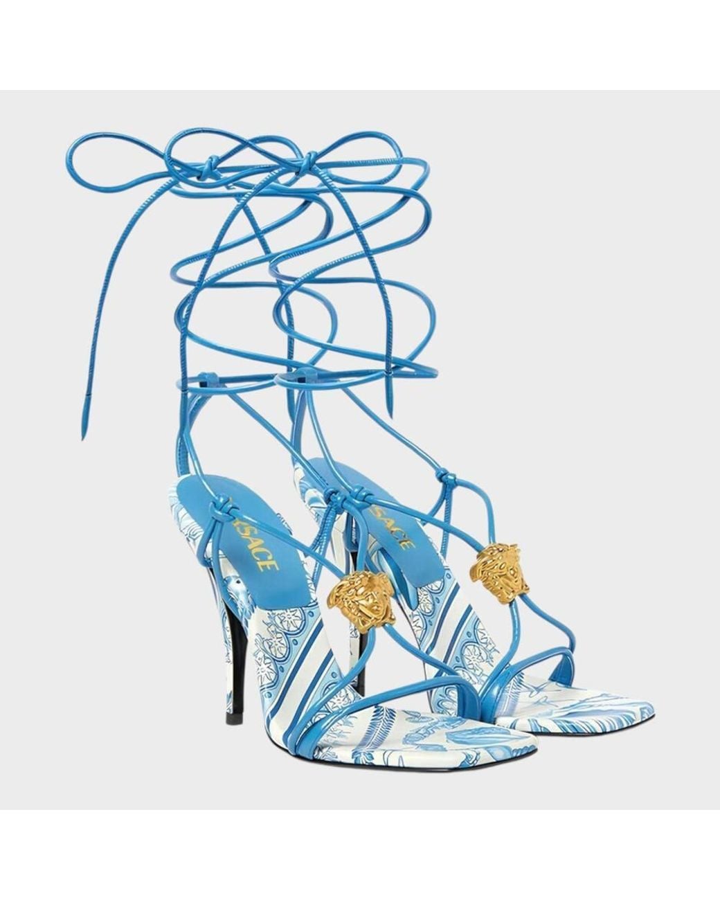 Versace Blue Medusa Barocco Square Toe Heeled Sandals