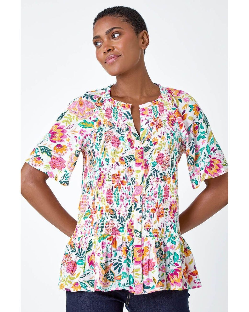 Roman Blue Floral Shirred Crinkle Top