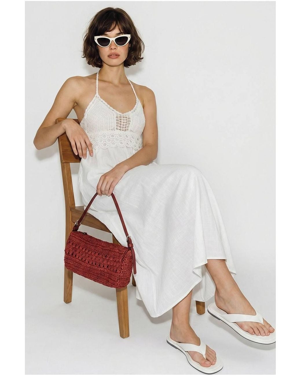 Bianco Lucci White Halter Lace A-Line Midi Dress