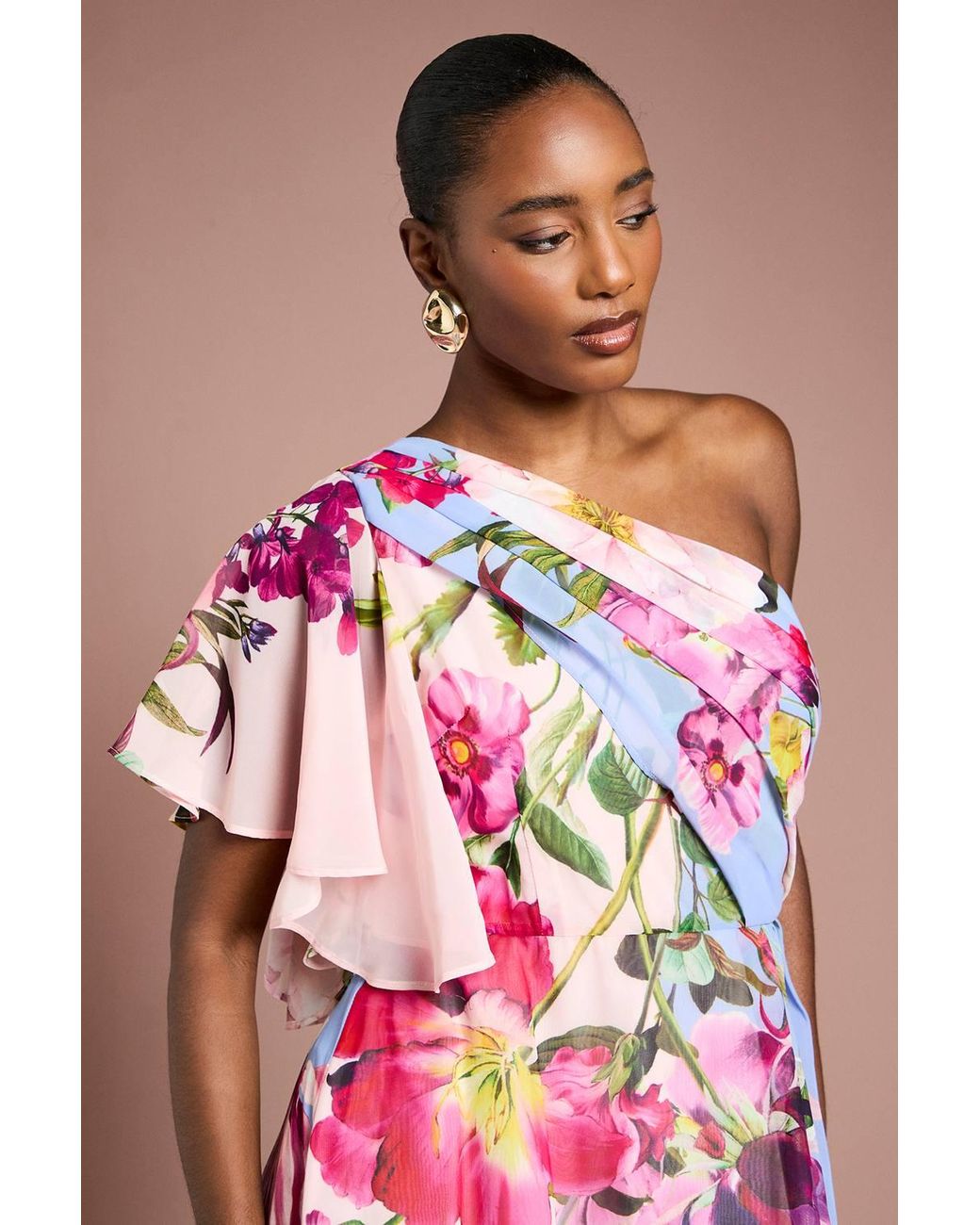 Coast Blue One Shoulder Floral Printed Chiffon Dress