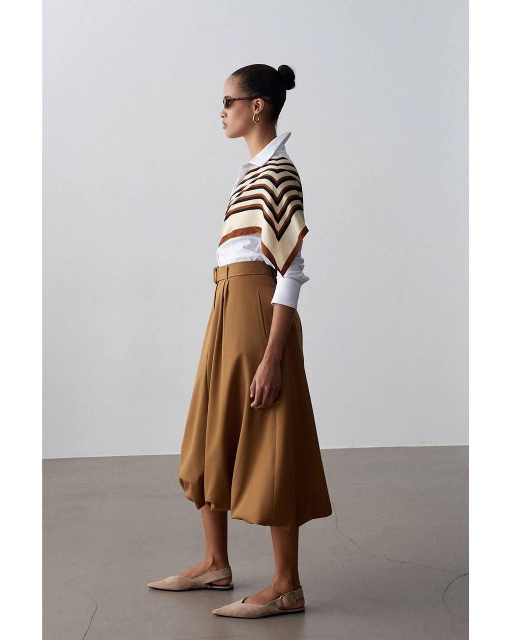 Dilvin Natural High-Waist Belted Midi Balloon Skirt