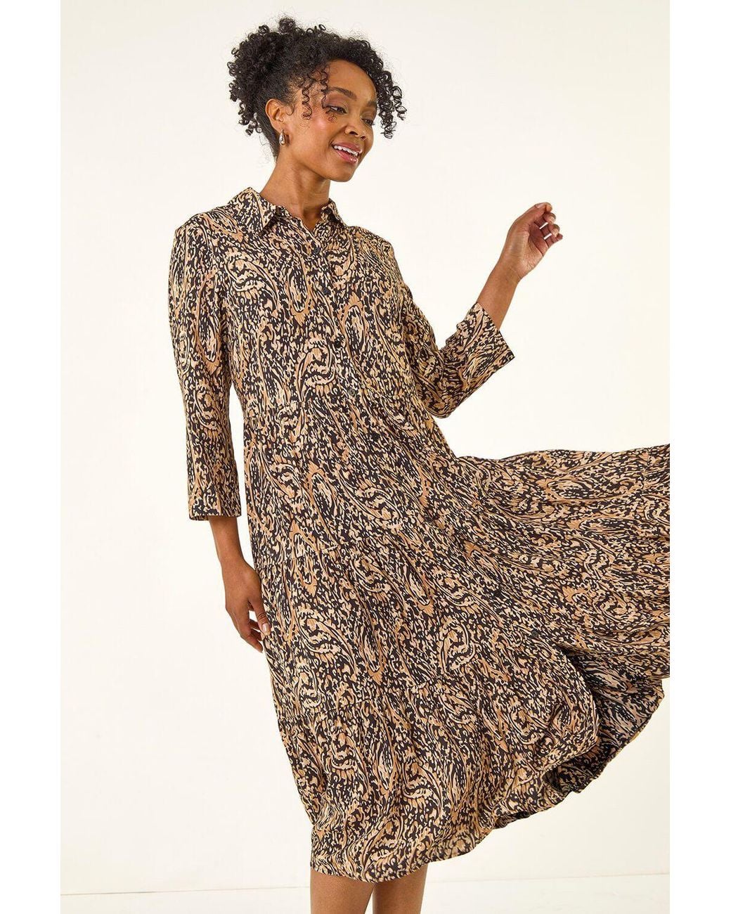Roman Brown Petite Abstract Print Tiered Midi Dress