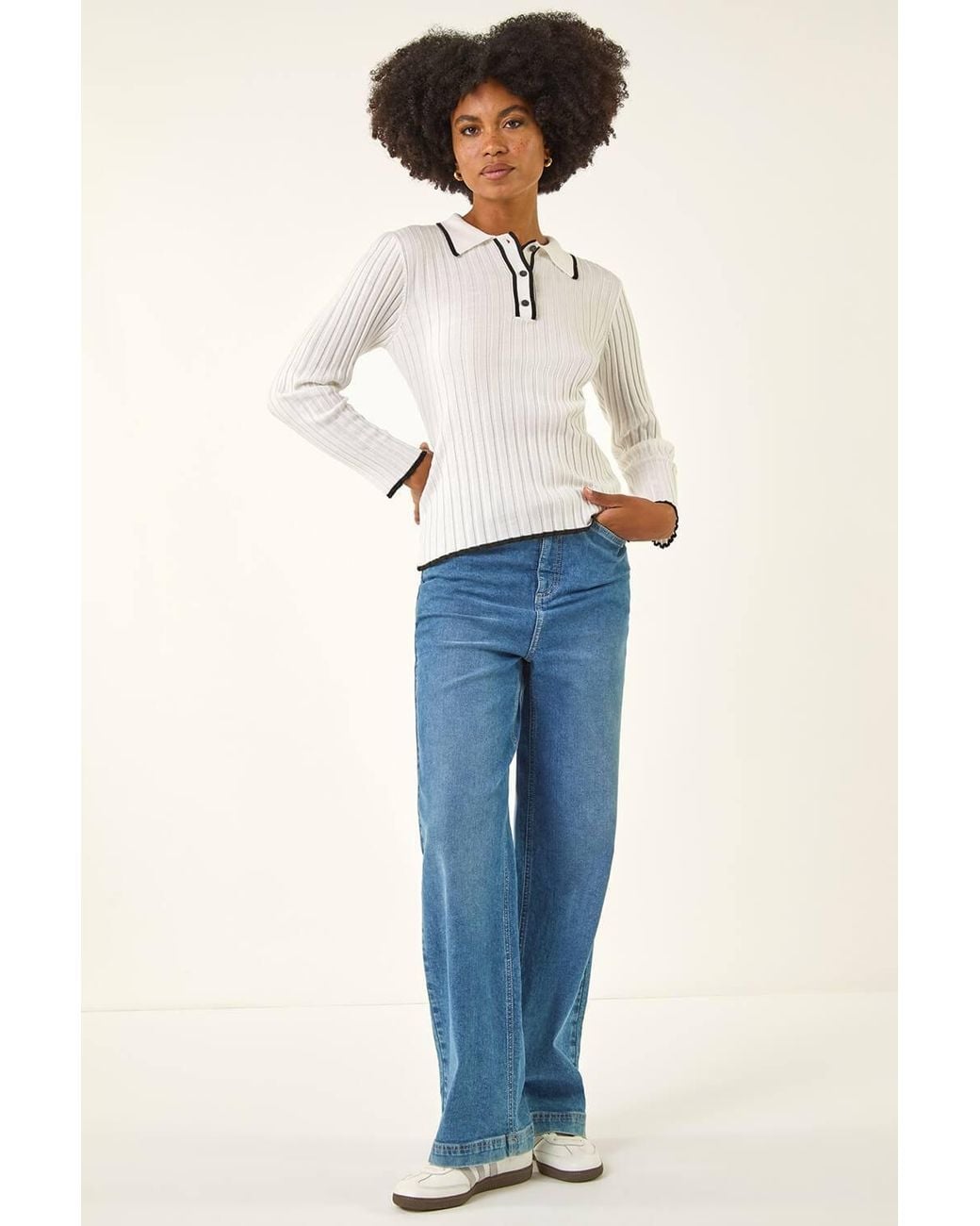 Roman White Textured Colour Block Knit Jumper
