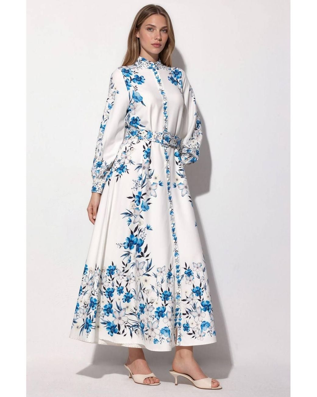 Msn-Collection Blue Floral Belted Maxi Shirt Dress