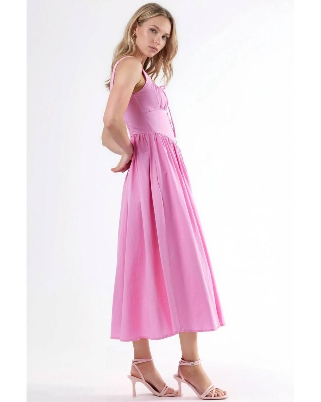 Busem Pink Midi Dress With Square Collar & Button Detail
