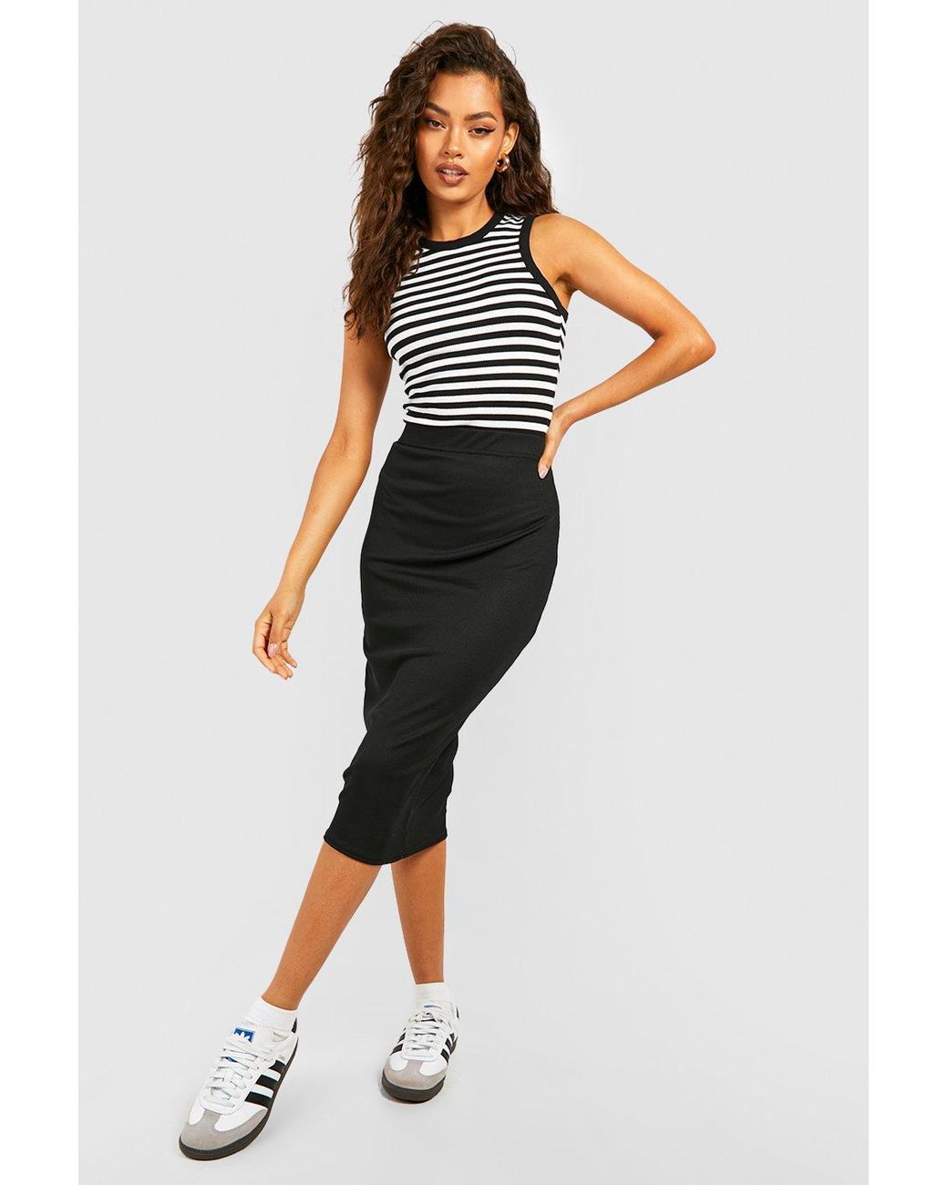 Boohoo Bodycon Ribbed Midi Skirt in Black | Lyst UK