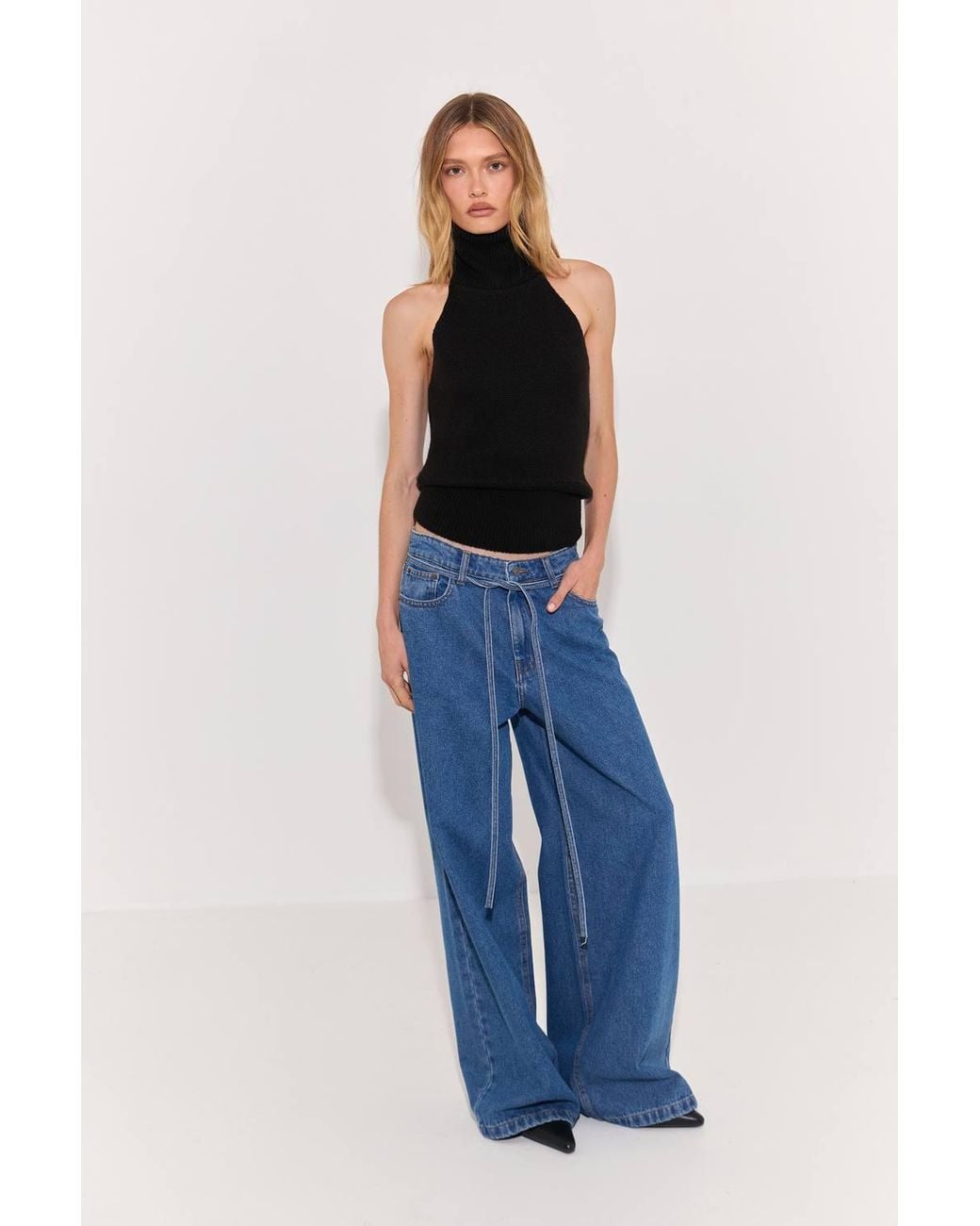 Warehouse Blue Tie Waist Wide Leg Denim Jean