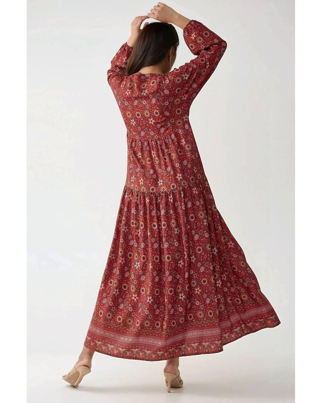 Hiccup Red Printed V-Neck Maxi Dress With Buttons