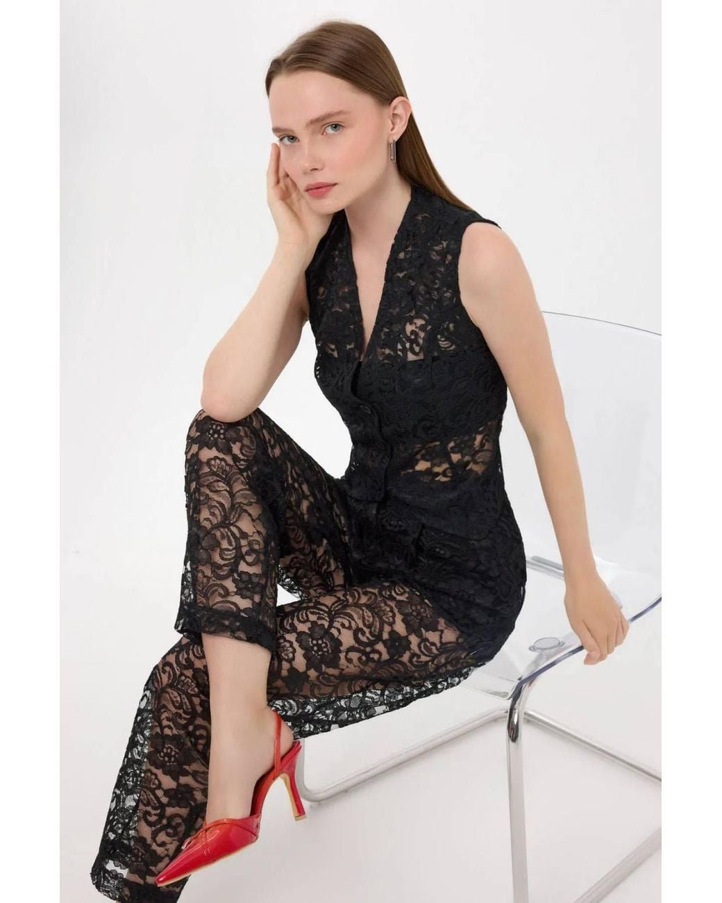 Hiccup Black Sleeveless Lace Mesh V-Neck Waistcoat