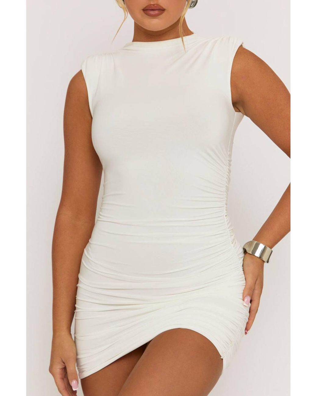 Rebellious Fashion Brown Selma High Neck Shoulder Pad Ruched Mini Dress