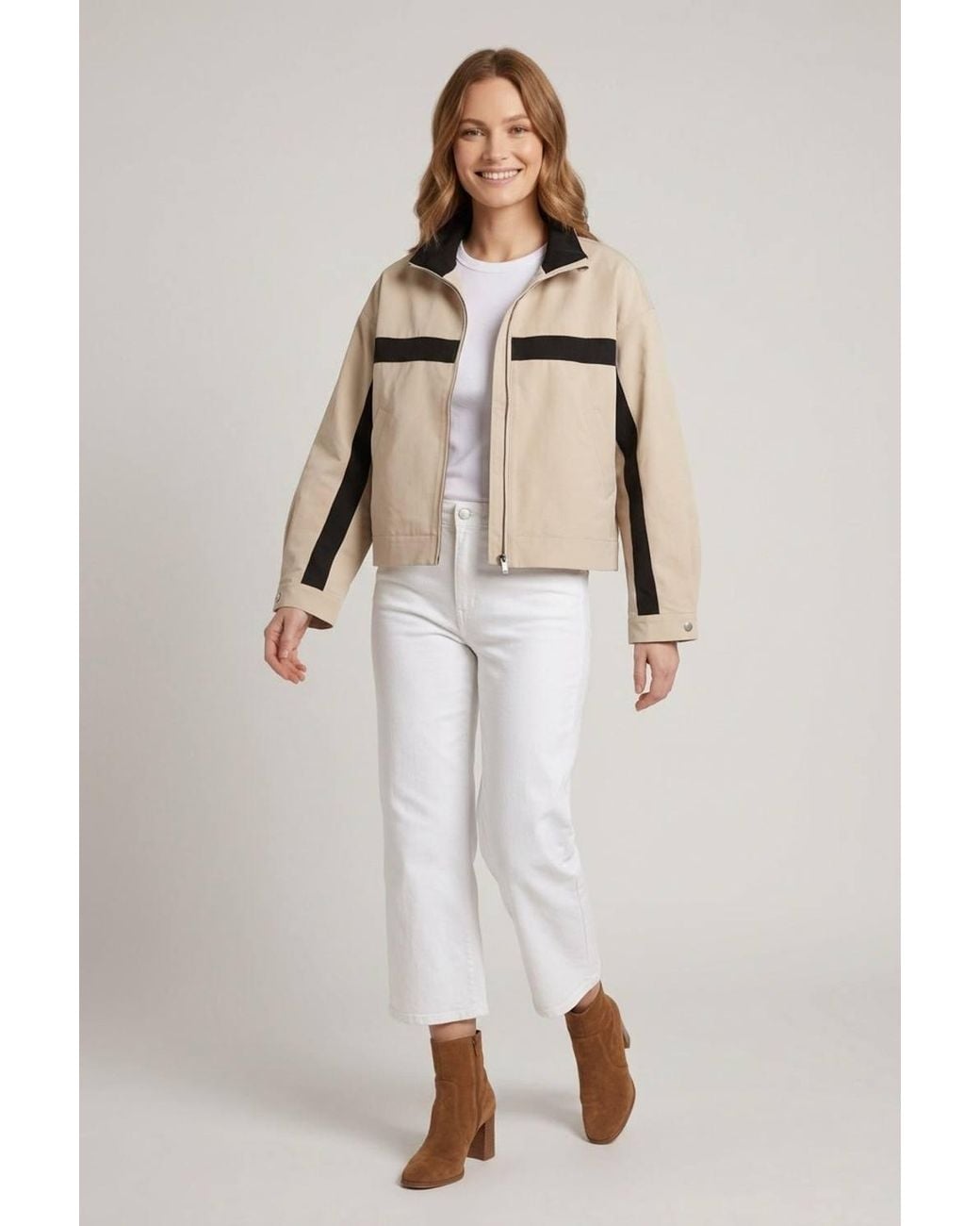 Izabel London Natural Collared Zip Front Boxy Jacket