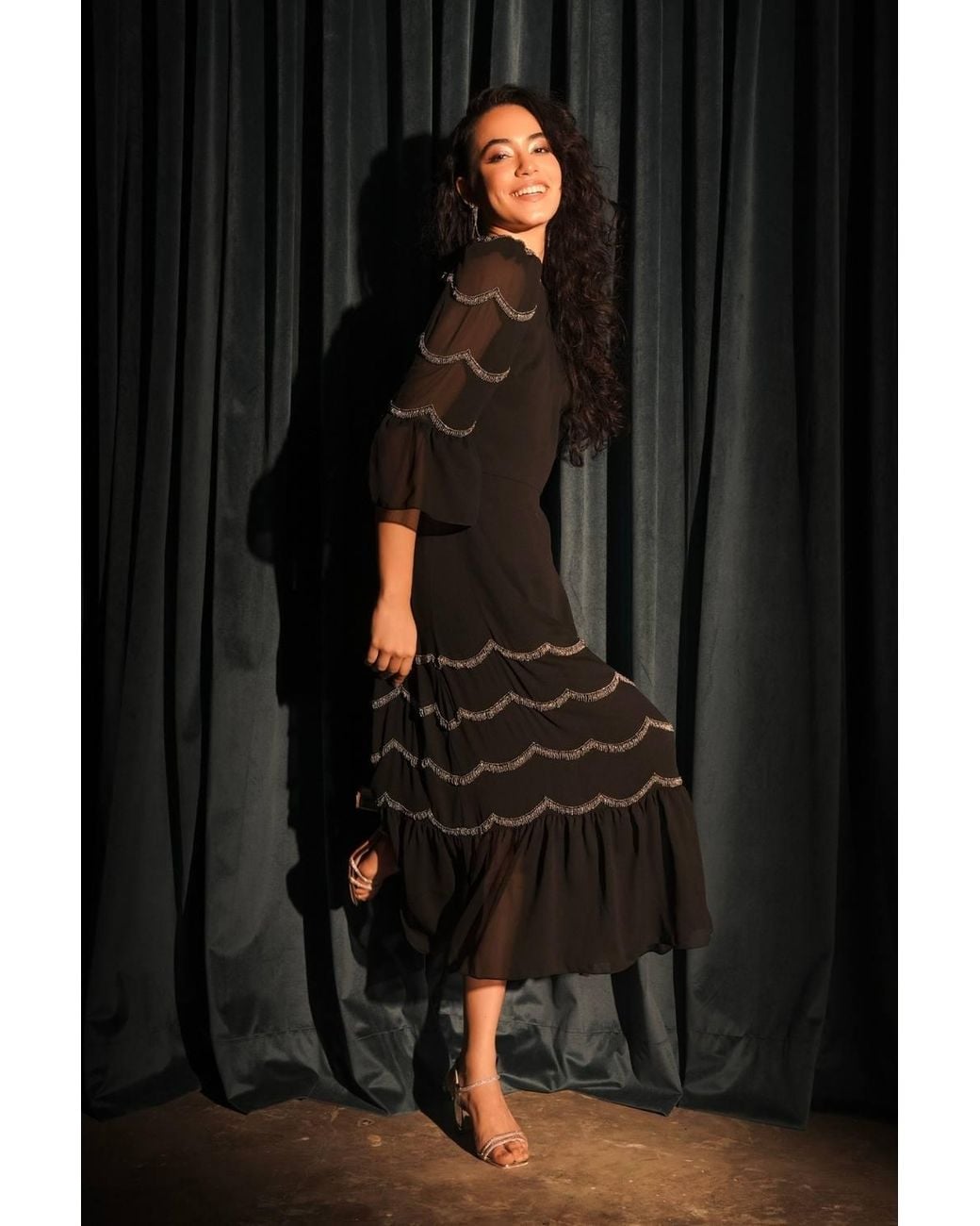 Rose & Nancy Black Georgie-Scalloped-Embellished-Dress