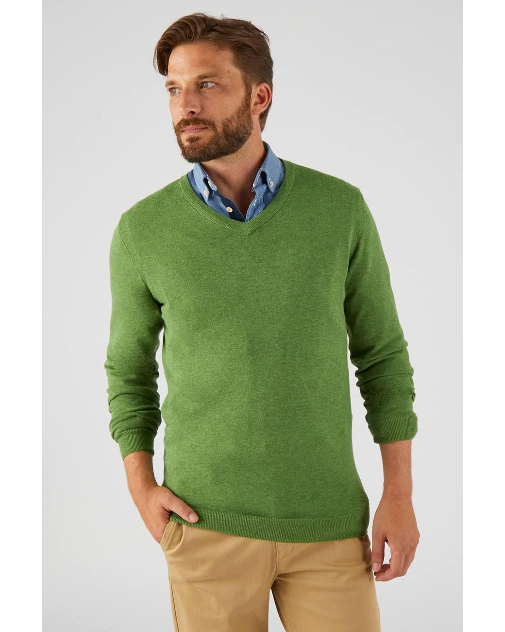 DAMART Green V-Neck Jumper Cotton Blend Regular Fit Long Sleeve for men