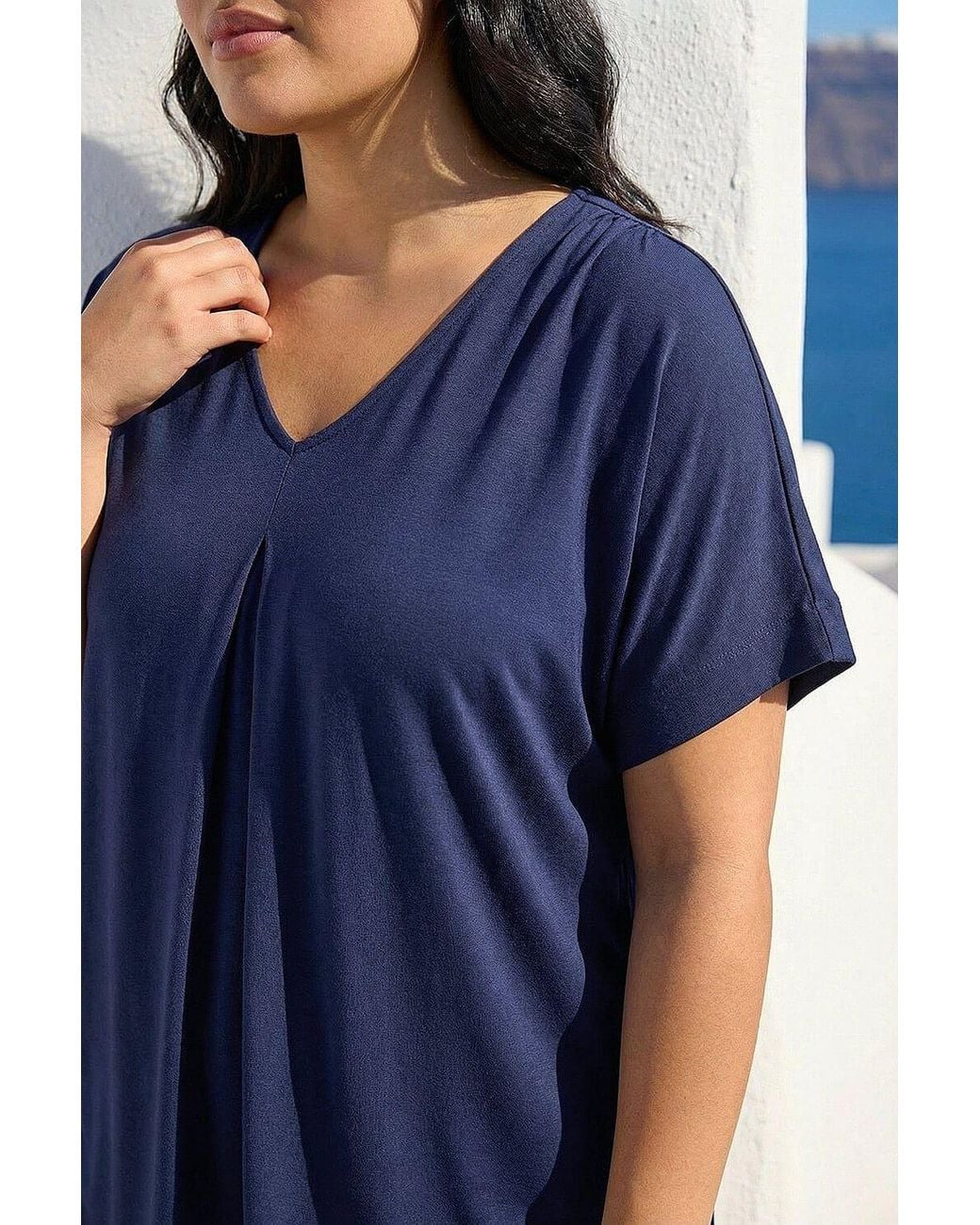 Roman Blue Curve Plain Pleat Front Tunic Stretch Top