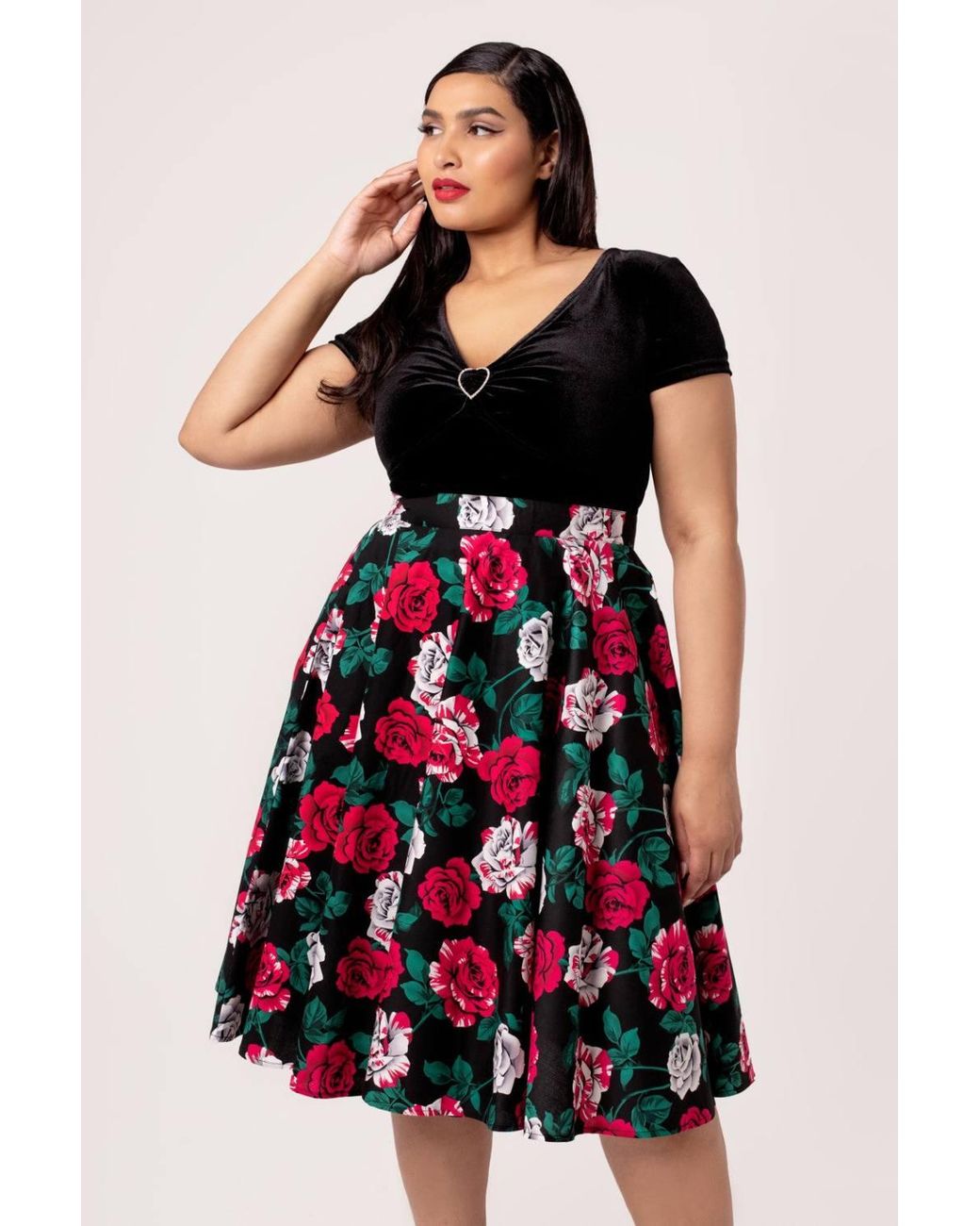 Hell Bunny Red Paint Me Roses Midi Skirt