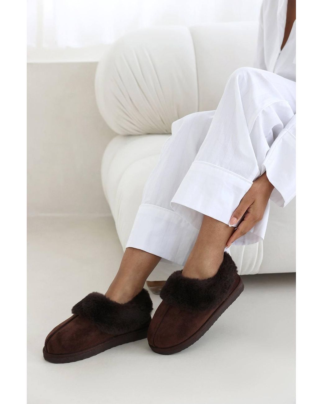 Where's That From White Inaya Mule Slippers With Faux Fur Collar Trim