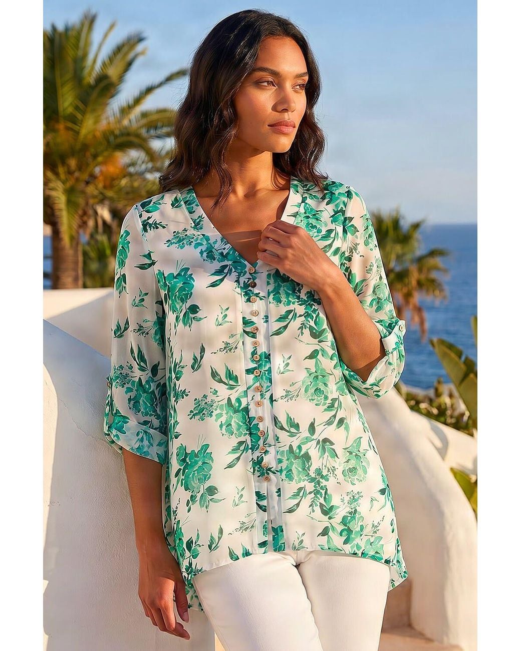 Roman Green Floral Print V-Neck Button Front Top