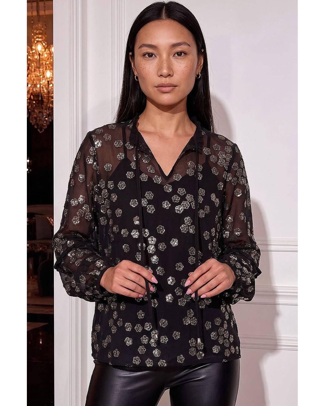 Roman Black Floral Sequin Tie Neck Top