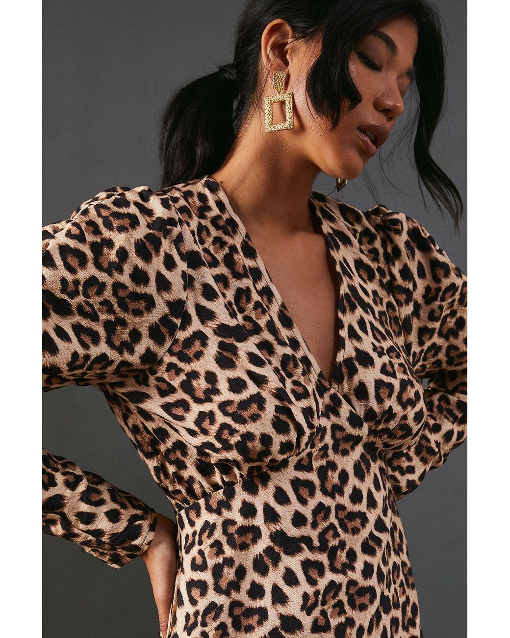 Warehouse Brown Leopard Viscose V Neck Long Puff Sleeve Midi Dress