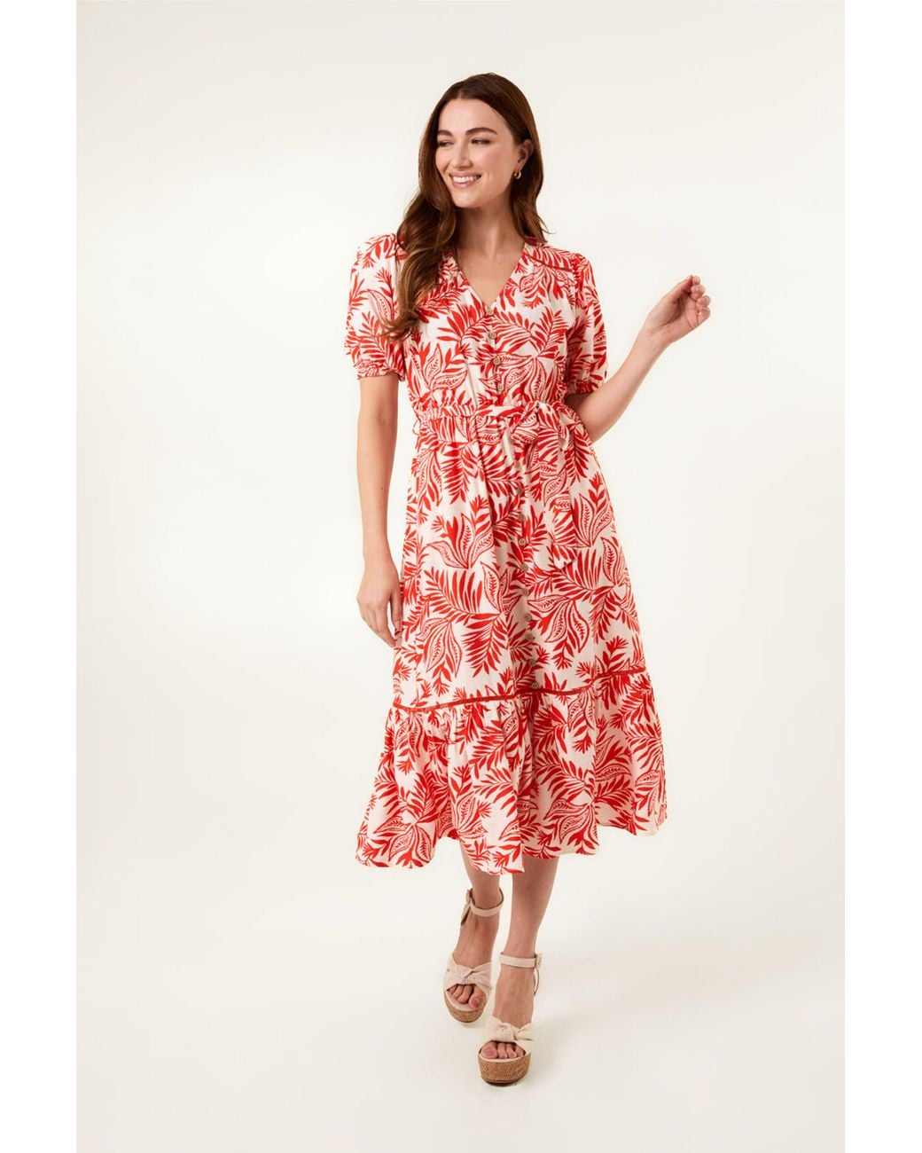 Blue Vanilla Red Elasticated Waist Short Sleeve Zip V-Neck Midi Dress