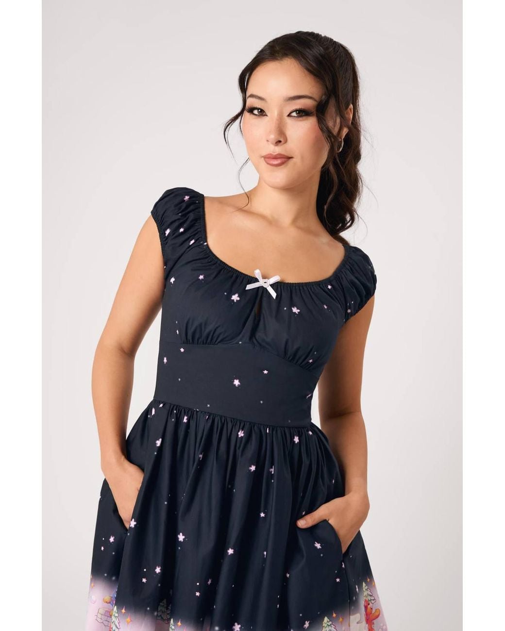 Hell Bunny Blue Winter Fun Care Bears Printed Cotton 50S Midi Dress