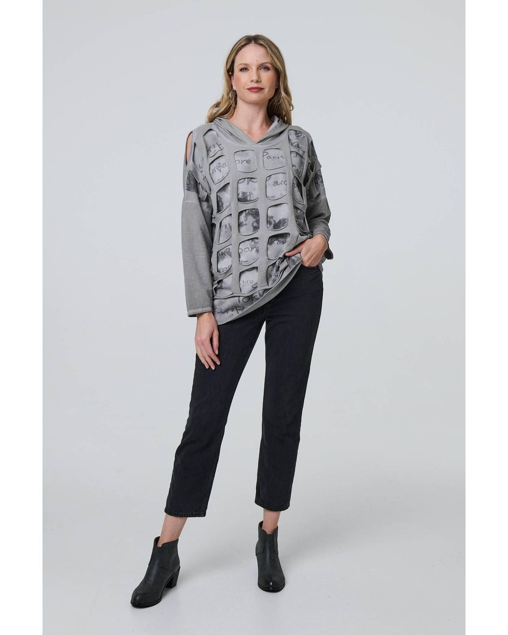 Izabel London Gray Graphic Print Cut Out Layer Hoodie