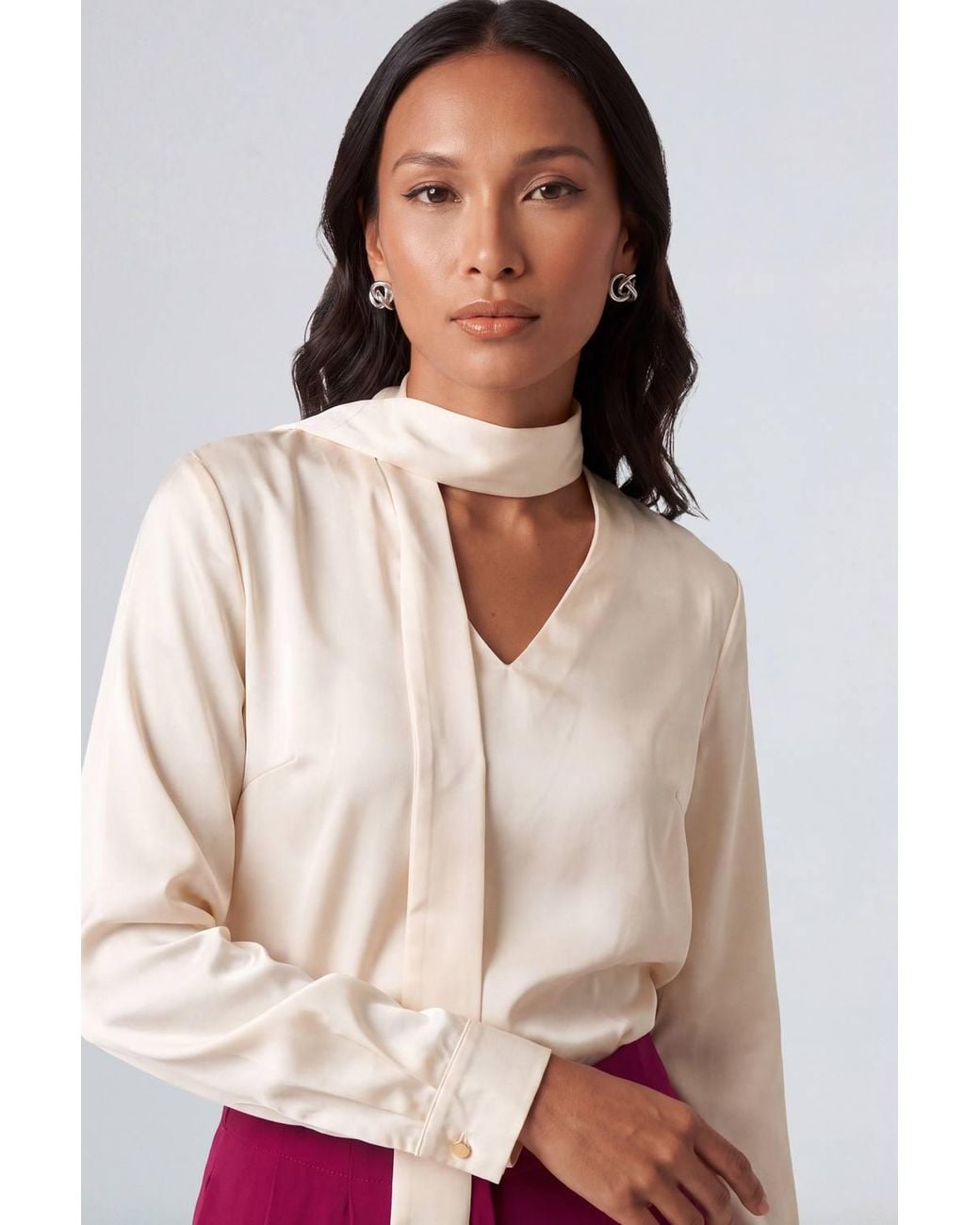 PRINCIPLES Natural Fluid Satin Scarf Detail Blouse
