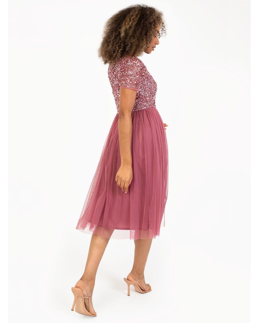 Maya Deluxe Pink Short Sleeve V Neck Embellished Midi Dress