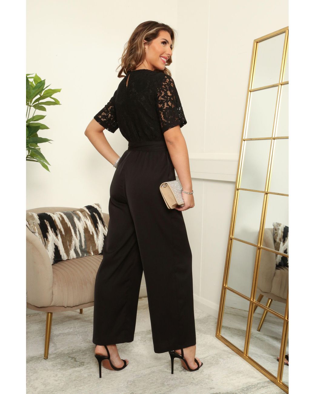 Double Second Black Lace Wrap Short Sleeve Wide Leg Jumpsuit