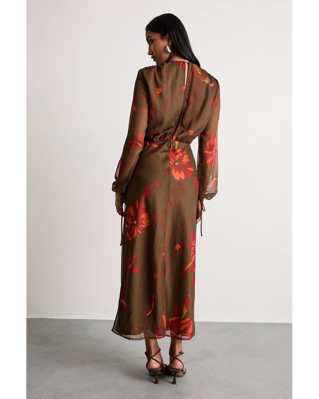Warehouse Brown Printed Shoulder Pad V Neck Tie Detail Midi Dress