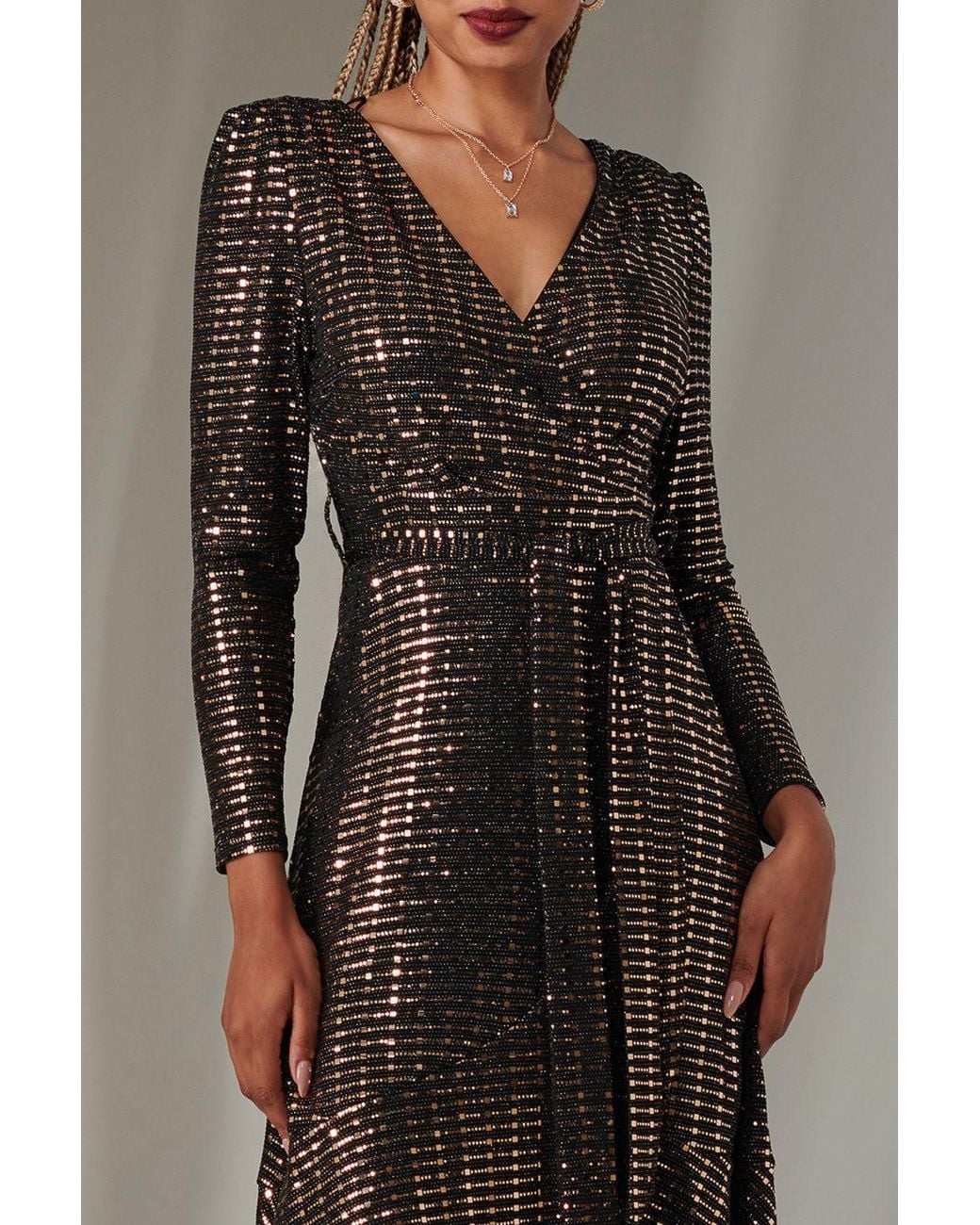 Jolie Moi Brown Long Sleeve Metallic Spot Maxi Dress