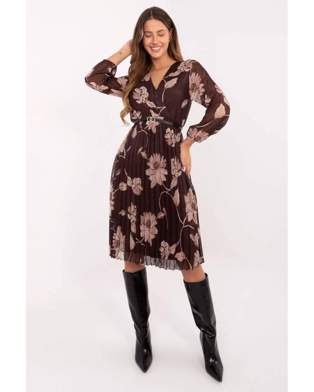 Love Lace Multicolor Viscose Long Sleeve Midi Dress With Pleats