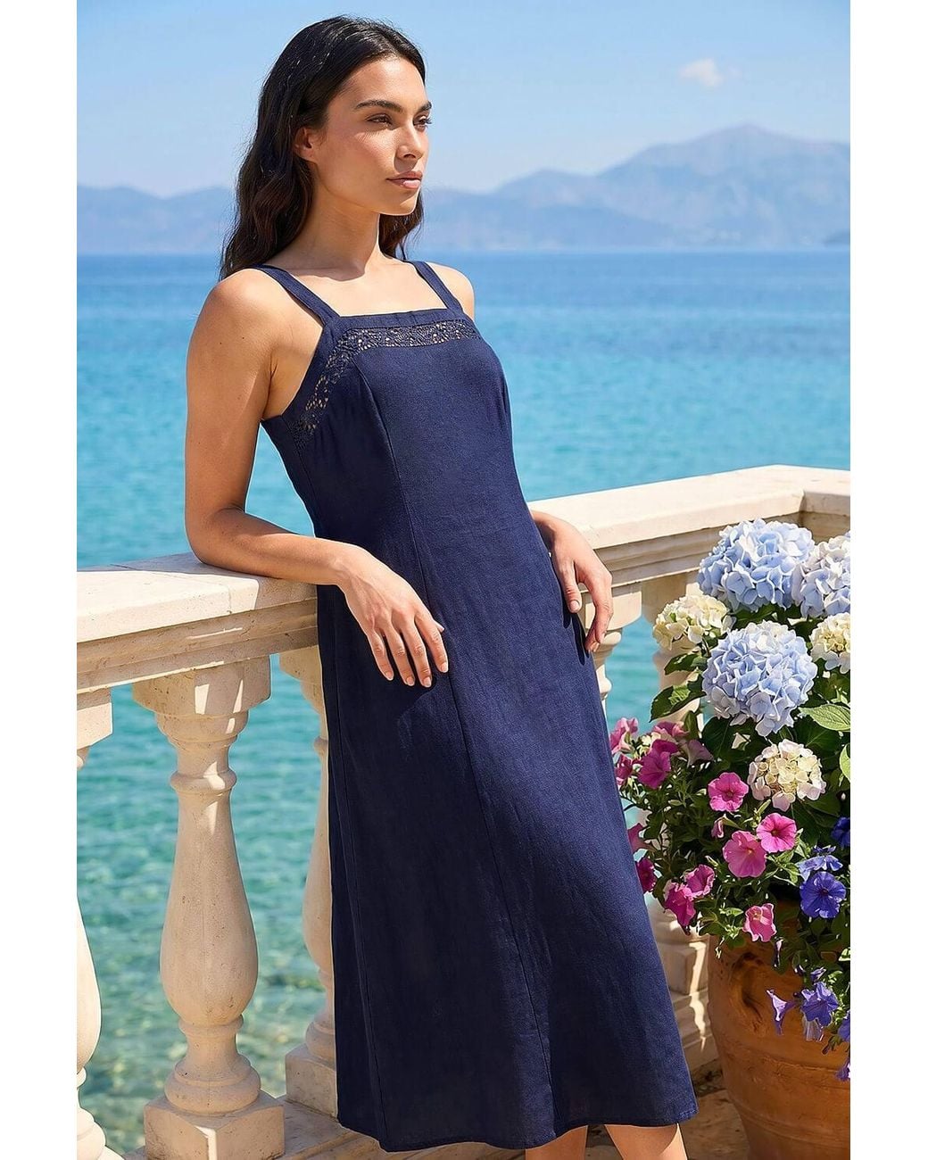 Roman Blue Linen Blend Lace Trim Midi Dress