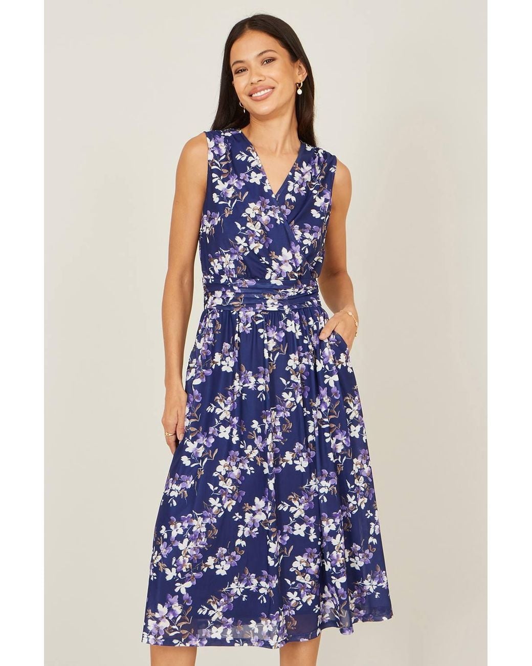 Yumi' Blue Blossom Print Mesh Stretch Midi Dress With Pockets