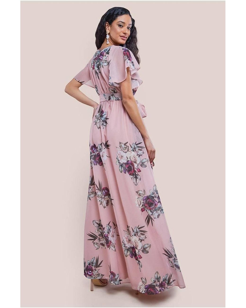 Goddiva Pink Printed Flutter Sleeve Maxi Dress