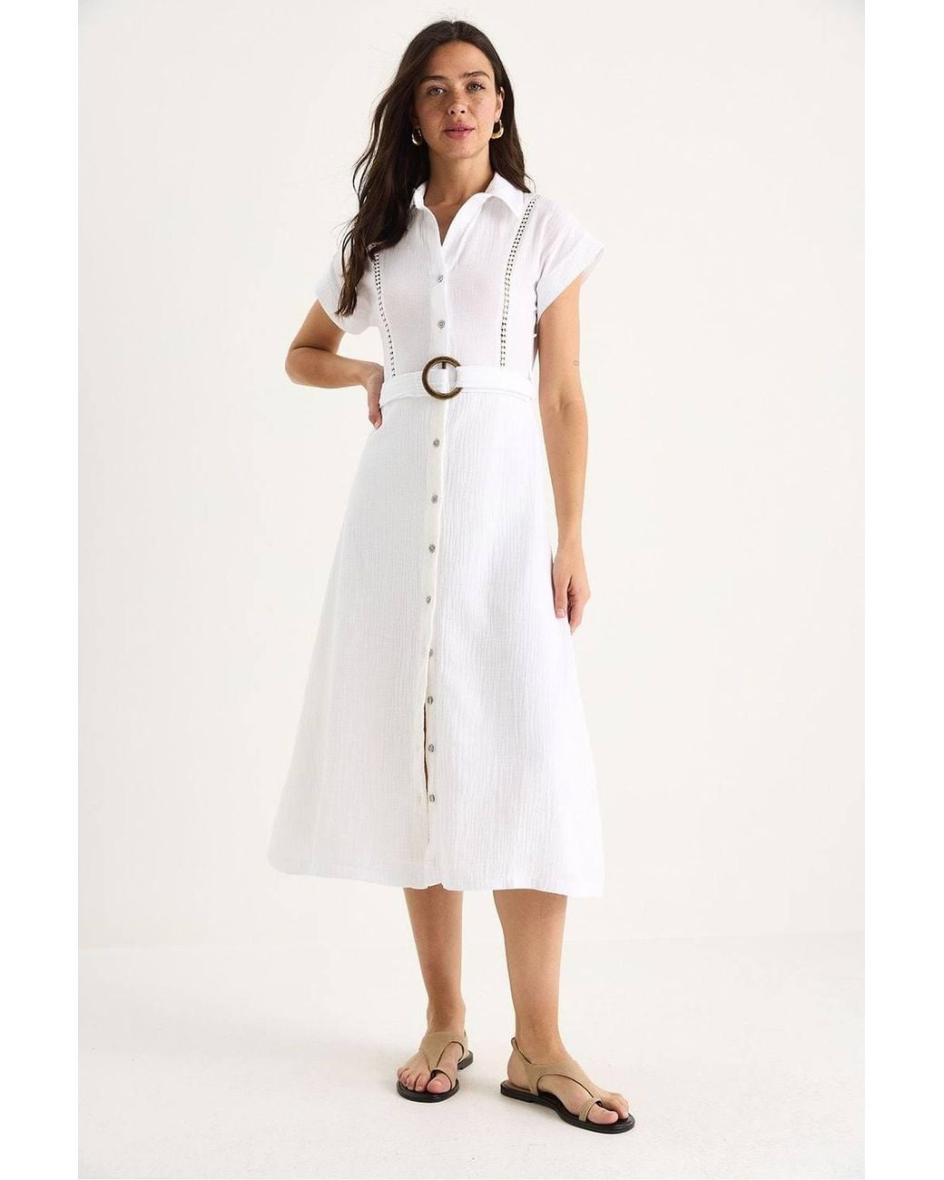 Bianco Lucci White Textured Cotton Midi Dress With Shirt Collar