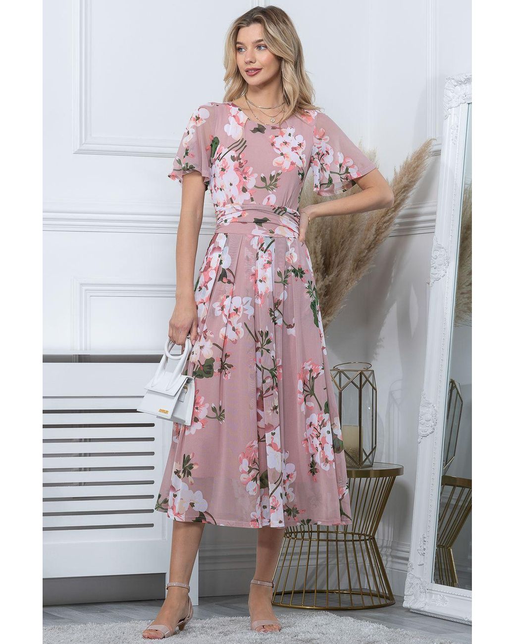 Jolie Moi Pink Julita Print Mesh Maxi Dress