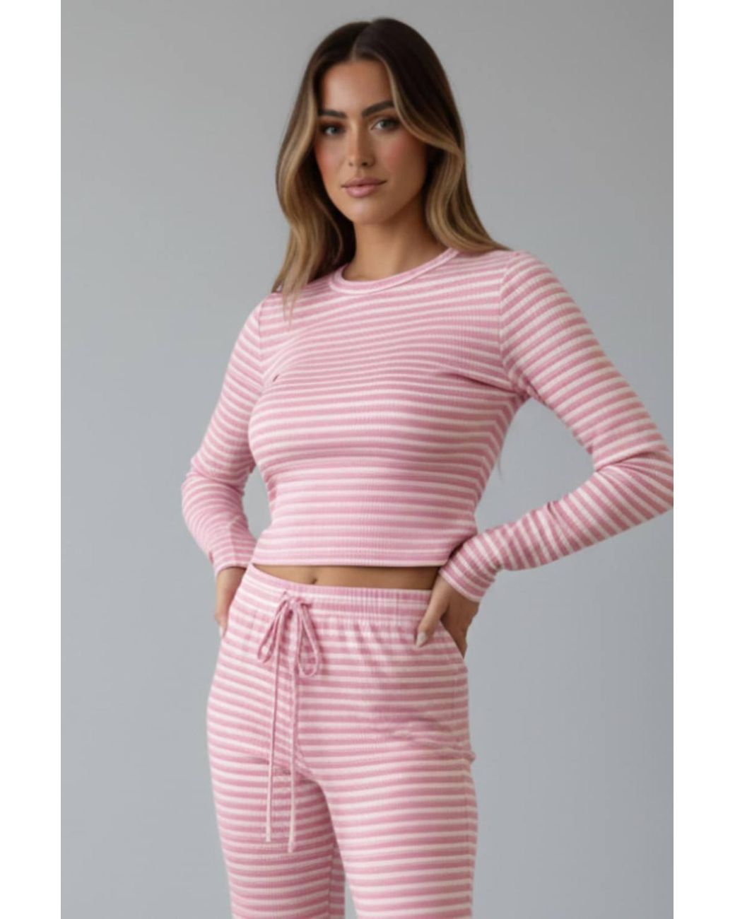 Stylewise Pink Striped Long Sleeve Top & Trouser Co-Ord