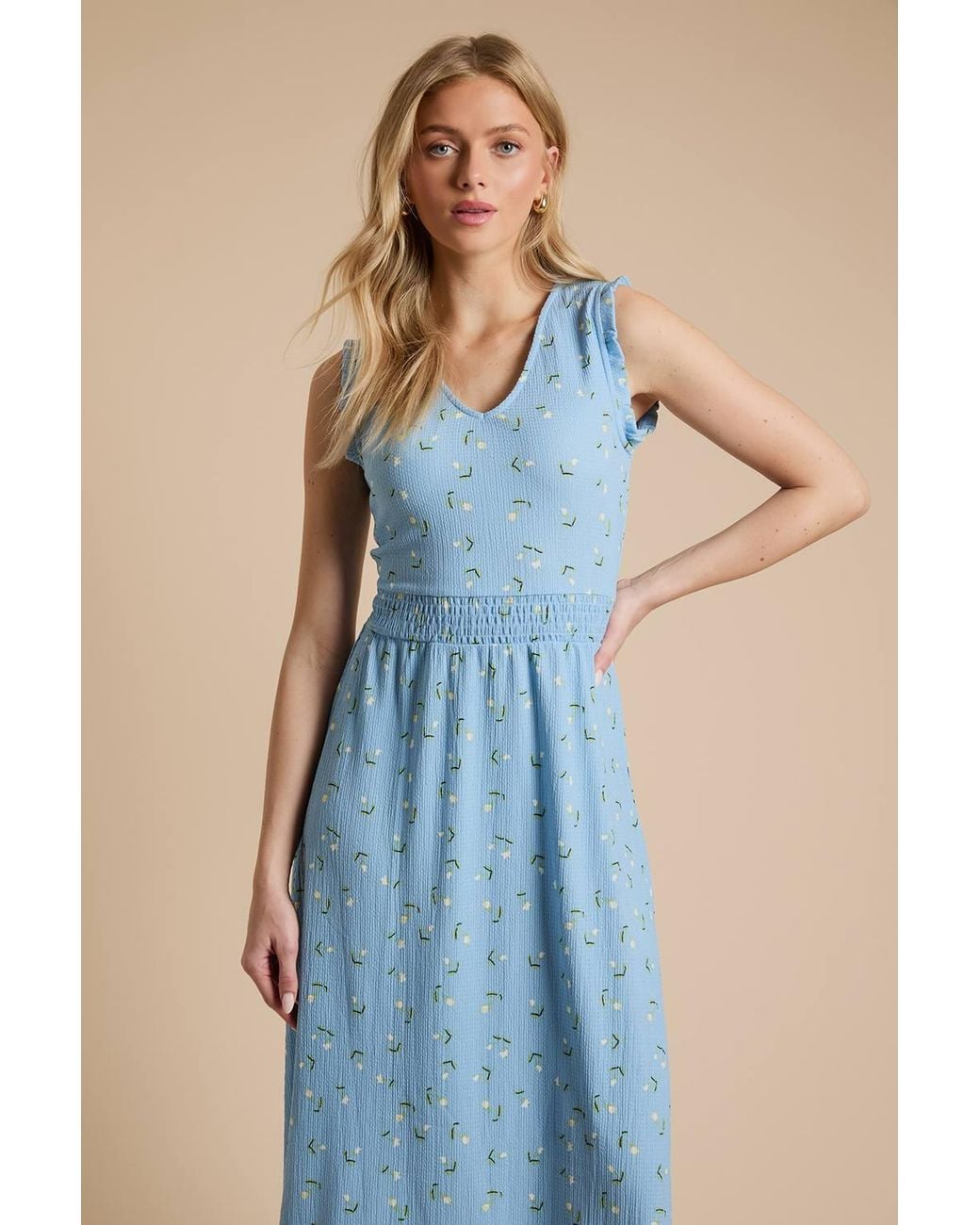 Dorothy Perkins Blue Ditsy V Neck Shirred Waist Printed Jersey Midi Dress