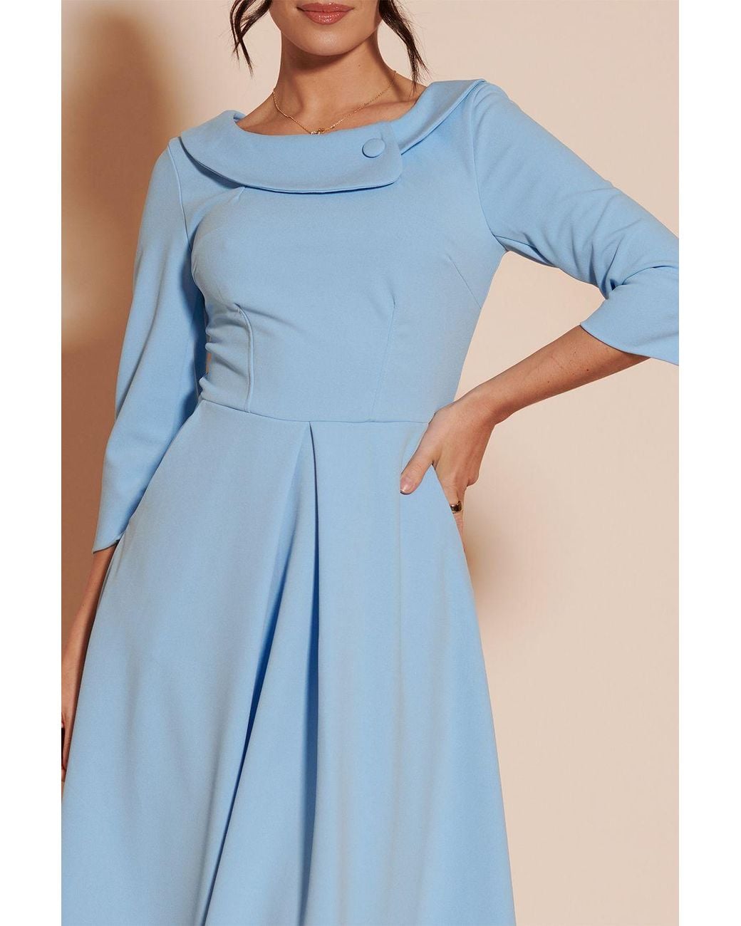 Jolie Moi Blue Fold Neckline Sleeved Midi Dress