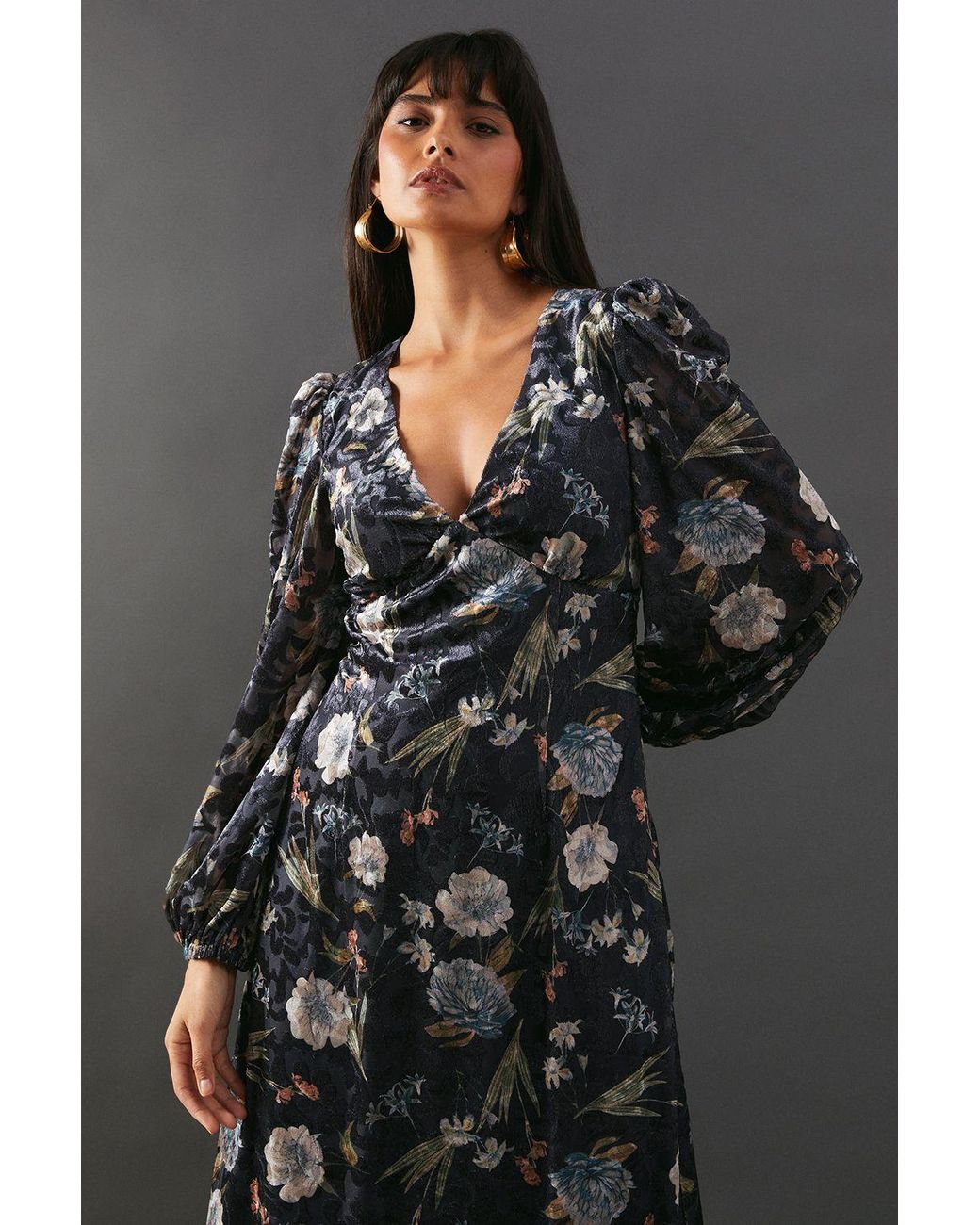 Warehouse Gray Premium Printed Velvet V Neck Midi Tea Dress